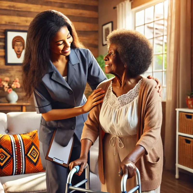 DALL·E 2024-12-11 21.43.24 - A warm and inviting scene showing a professional caregiver assisting an elderly Black woman in her cozy home. The caregiver, a smiling Black woman in